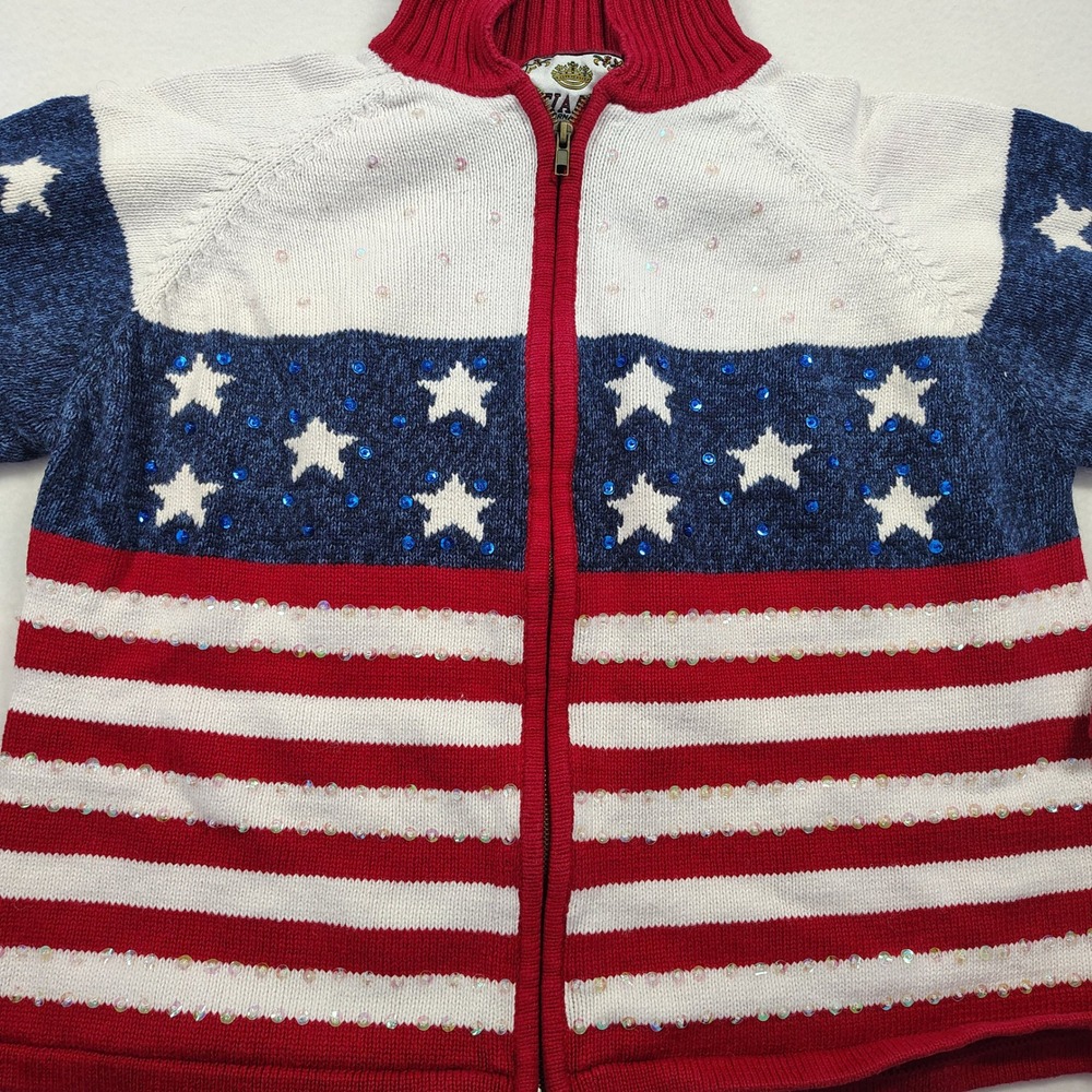 Vtg Tiara International American Flag Sequin Zip Up Cardigan Sweater‎ XL - Picture 4 of 13